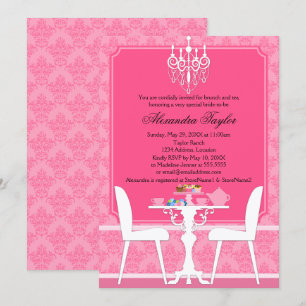Invitation Fête de thé de mariage au damas rose et lustre