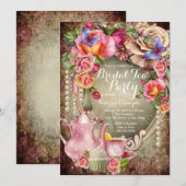 Invitation Fête de thé de mariage aux perles de rose vintage (Devant / Derrière)