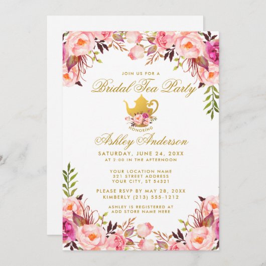Invitation Fête de thé de mariage floral rose or (Devant / Derrière)