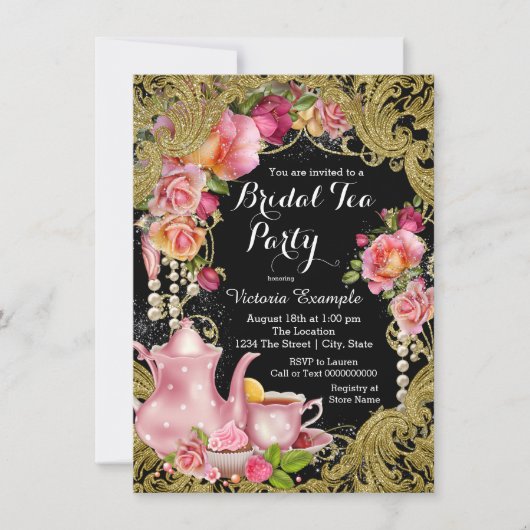 Invitation Fête de thé de mariage noir et or (Devant)