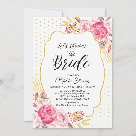 Invitation Fête de thé de mariage rose et or (Devant)