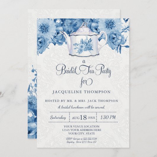 Invitation Fête de thé nuptiale Marine Bleu Blanc Floral Teap (Devant / Derrière)