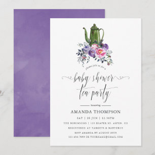Invitation Fête de thé pour bébé aux fleurs violettes et rose