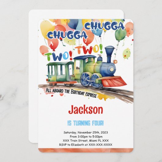 Invitation Fête de train d'anniversaire 4 ans (Devant / Derrière)