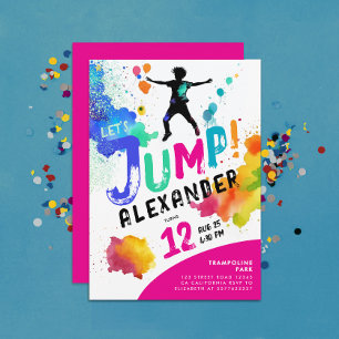 Invitation Fête de trampoline rose coloré girly saute rebondi