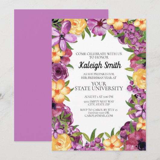 Invitation Fête de Trunk de collège Fleurs Jaune Violet (Devant / Derrière)