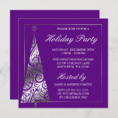 Invitation Fête de vacances argentée pourpre d'arbre de Noël (Devant / Derrière)