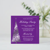 Invitation Fête de vacances argentée pourpre d'arbre de Noël (Debout devant)