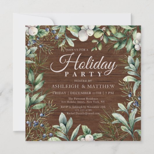 Invitation Fête de vacances de verdure rustique d'hiver (Devant)