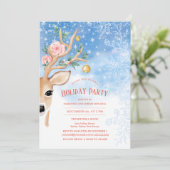 Invitation Fête de Vacances Deer Holly Rose neige Floral Bleu (Debout devant)