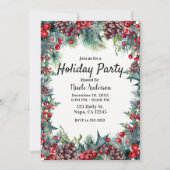 Invitation Fête de vacances d'hiver Noël Holly & cônes de pin (Devant)
