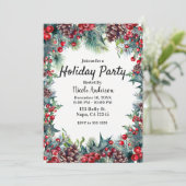 Invitation Fête de vacances d'hiver Noël Holly & cônes de pin (Debout devant)