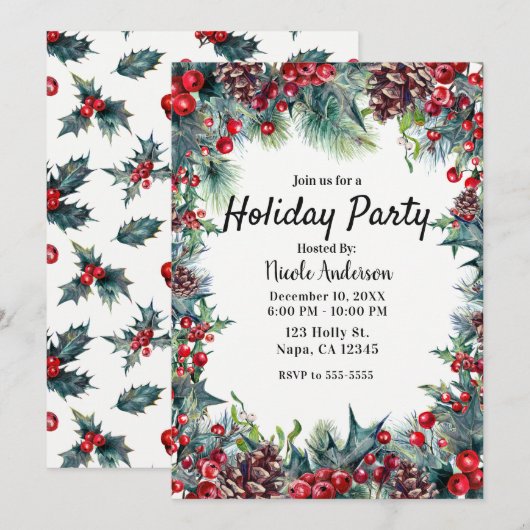 Invitation Fête de vacances d'hiver Noël Holly & cônes de pin (Devant / Derrière)
