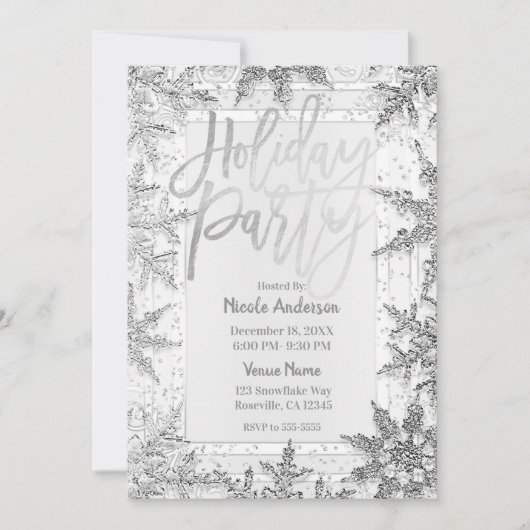 Invitation FÊTE DE VACANCES Flammes de neige en argent Script (Devant)