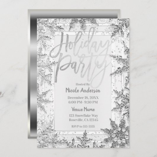Invitation FÊTE DE VACANCES Flammes de neige en argent Script (Devant / Derrière)