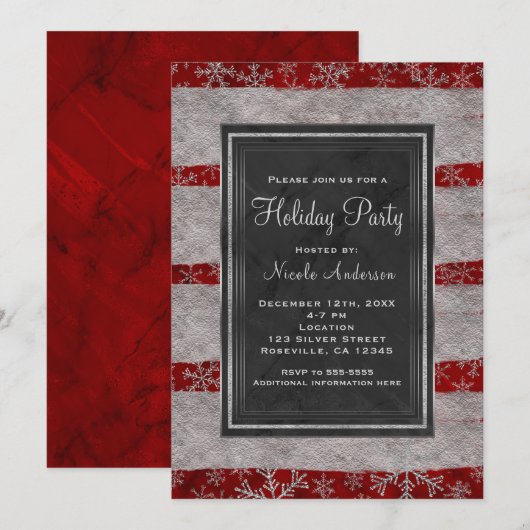 Invitation Fête de vacances Marbre rouge moderne Flocons d'ar (Devant / Derrière)