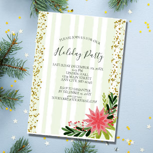 Invitation Fête de vacances poinsettia rouge vert or scintill