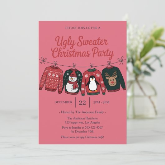 Invitation Fête de vacances rose laide | Fun Noël (Debout devant)