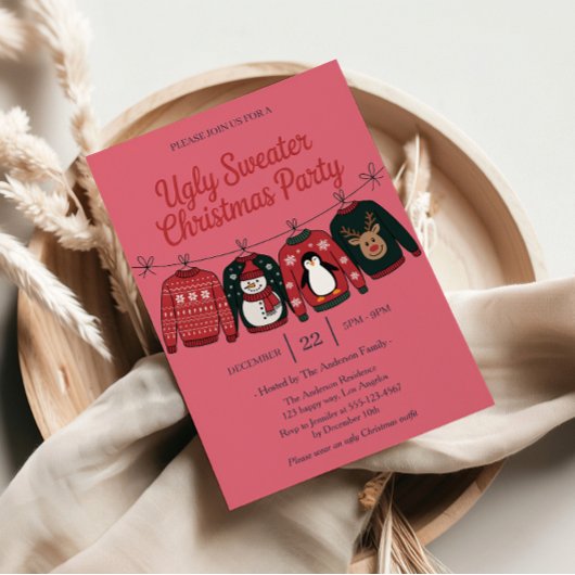 Invitation Fête de vacances rose laide | Fun Noël