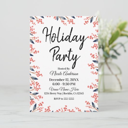 Invitation Fête de vacances rouge aquarelle Hiver Baies Feuil (Debout devant)