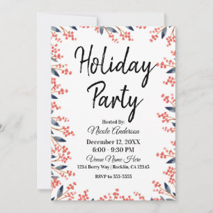 Invitation Fête de vacances rouge aquarelle Hiver Baies Feuil