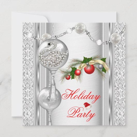 Invitation Fête de vacances Rouge Argent Blanc Noël 4 (Devant)