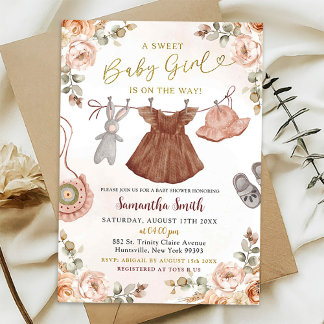 Invitation Fête de vêtements de bébé fille bohème automne flo