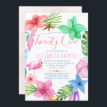 Invitation Fête de vingt et un ans à Hawaii tropical<br><div class="desc">Plage océanique moderne de style hawaïen vingt et un anniversaire modèle avec une couronne de fleurs d'hibiscus coloré avec des feuilles tropicaux, une étoile de mer et un oiseau flamand rose, Une aquarelle lavée rose roux arrière - plan à l'envers. — L'invitation est adapté pour l'aloha d'été, bord de mer,...</div>