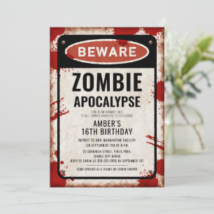 Invitation Fête de zombies avec panneau AVERTISSEMENT et tach