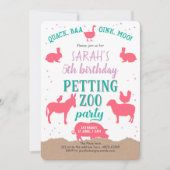 Invitation Fête de zoo, rose, animaux de ferme, fille (Devant)