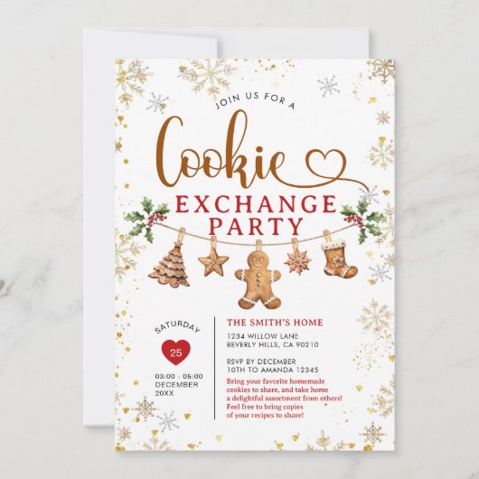 Invitation Fête d'échange de biscuits de Noël Flocons de neig (Devant)