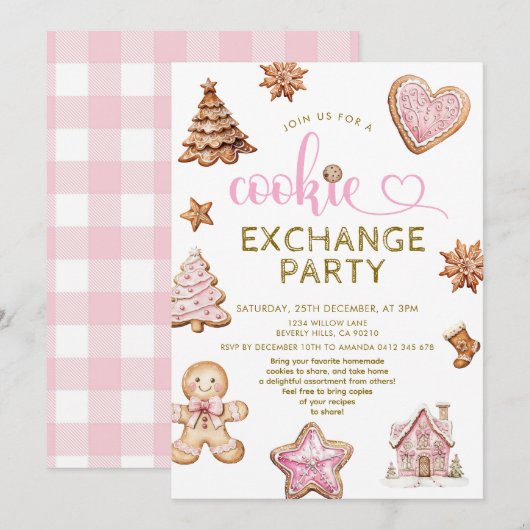 Invitation Fête d'échange de biscuits de Noël rose mignonne (Devant / Derrière)