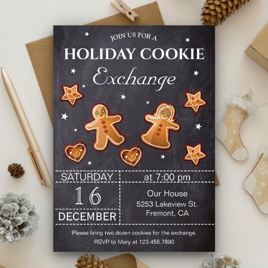 Invitation Fête d'échange de biscuits de Noël sur tableau noi