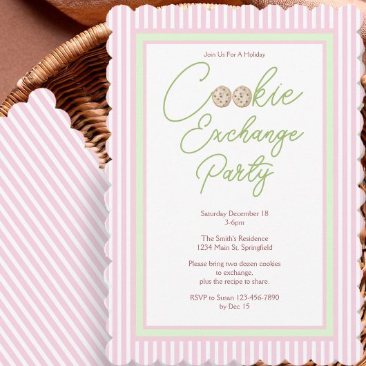 Invitation Fête d'échange de biscuits de vacances rose et ver
