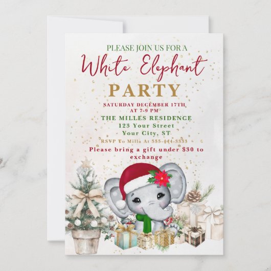 Invitation Fête d'échange de cadeaux éléphant blanc moderne (Devant)