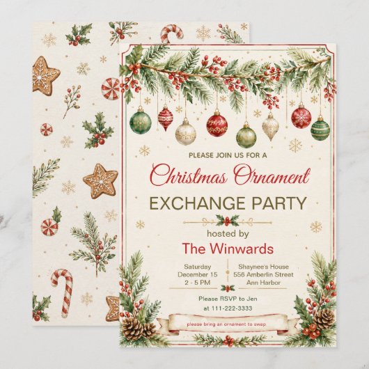 Invitation Fête d'échange d'ornements de Noël (Devant / Derrière)