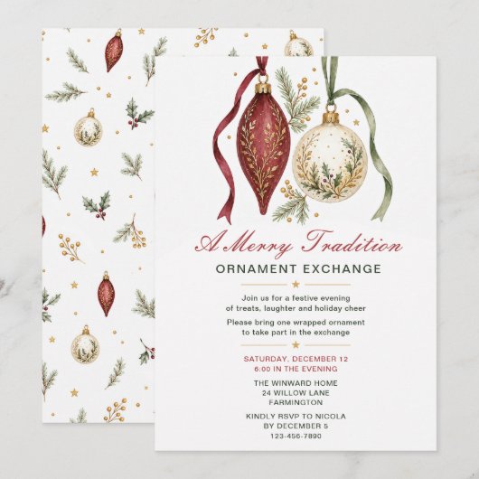 Invitation Fête d'échange d'ornements de Noël (Devant / Derrière)