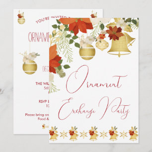 Invitation Fête d'échange d'ornements de Noël en or floral