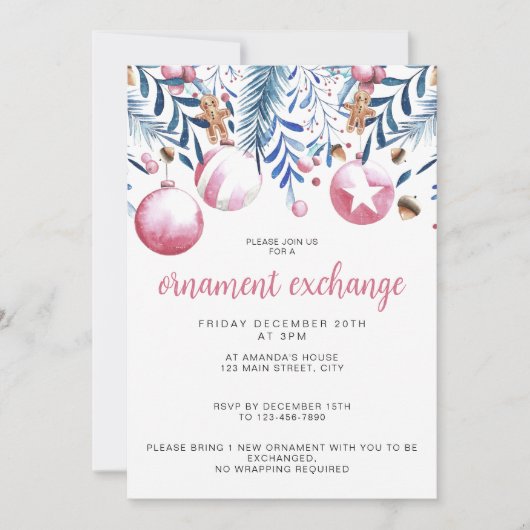 Invitation Fête d'échange d'ornements rose et bleu de Noël (Devant)