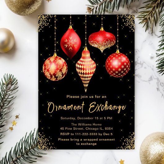 Invitation Fête d'échange d'ornements rouges et dorés