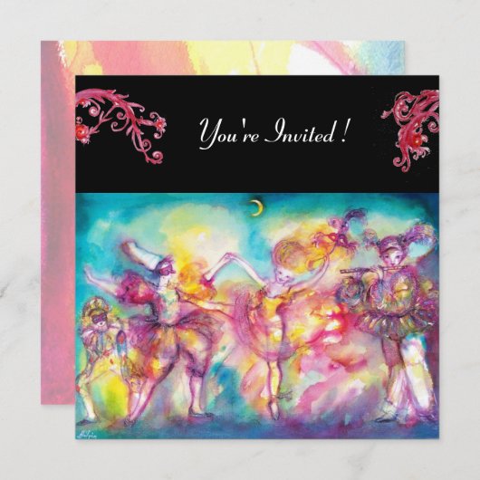 Invitation FÊTE DÉGUISEE, fioritures rouges (Devant / Derrière)