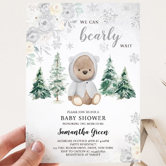 Invitation Fête d'enfant Ours d'hiver argenté