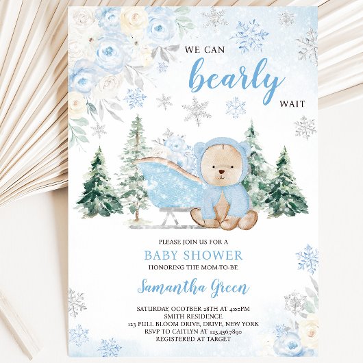 Invitation Fête d'enfant Ourson Hiver Bleu