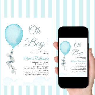 Invitation Fête d'enfants drôles Ballons Bleus Bébé Garçon