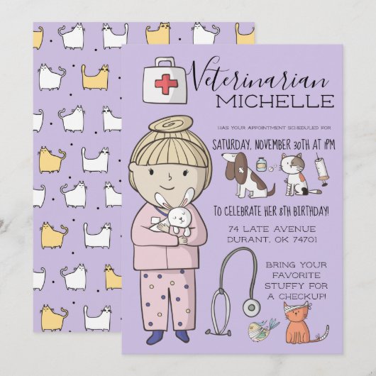 Invitation Fête d'enfants sur le thème vétérinaire (Devant / Derrière)