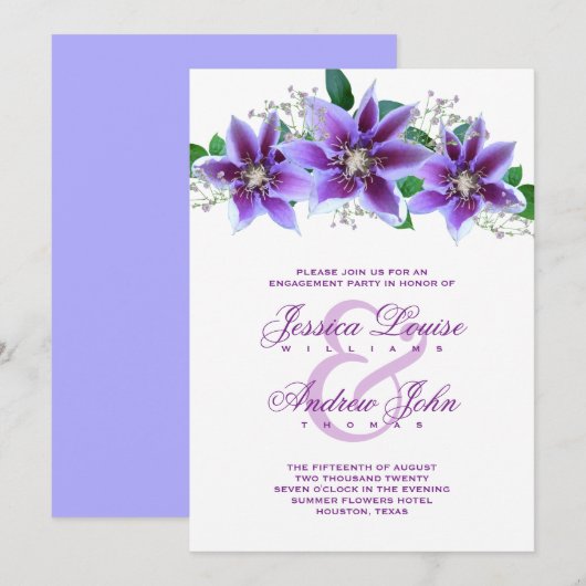 Invitation Fête d'engagement Classy Chic Clematis (Devant / Derrière)