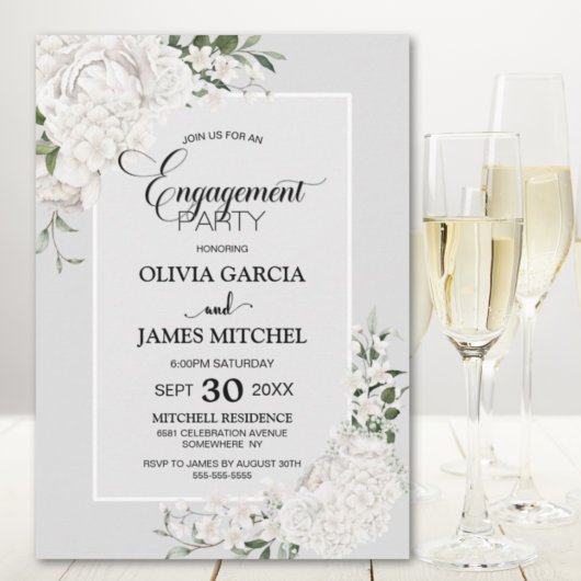 Invitation Fête d'engagement en gris floral blanc