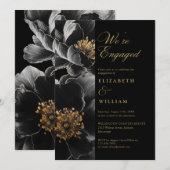 Invitation Fête d'engagement florale Élégante Noire Et Or (Devant / Derrière)