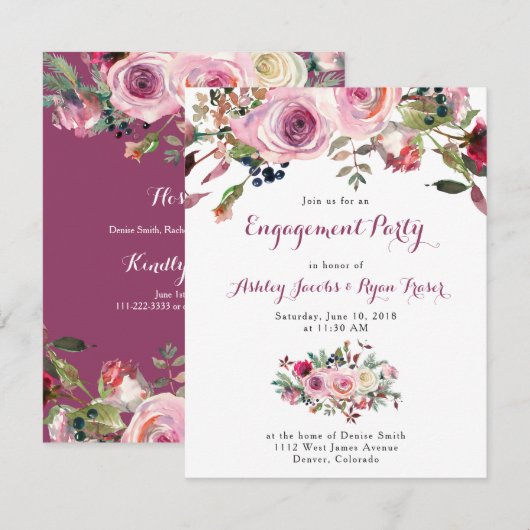 Invitation Fête d'engagement florale rose violet (Devant / Derrière)