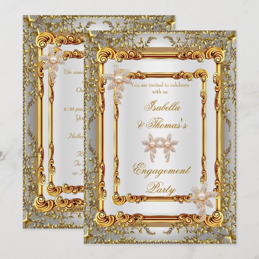 Invitation Fête d'engagement Gold White Damask Flowers (Devant / Derrière)
